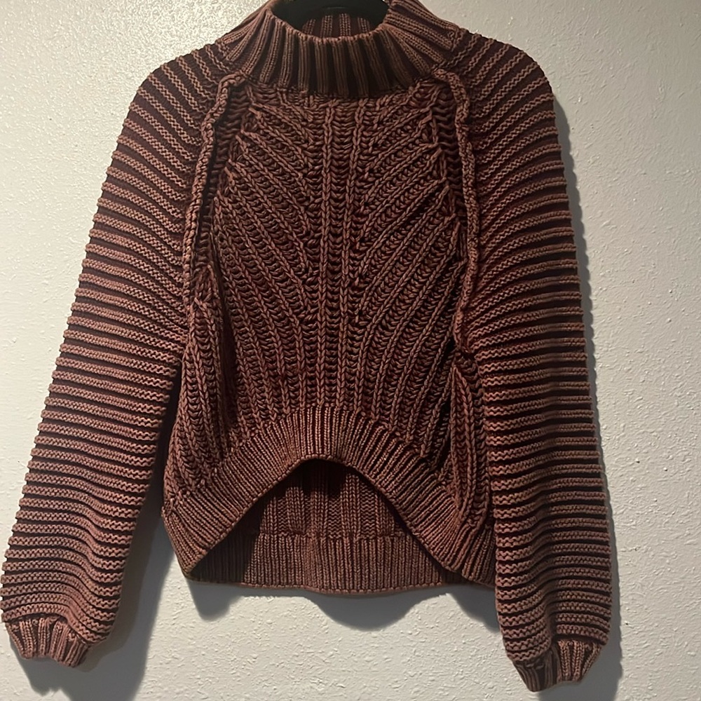 Free people burgundy worn look size small petite chunky ribbed sweater by level